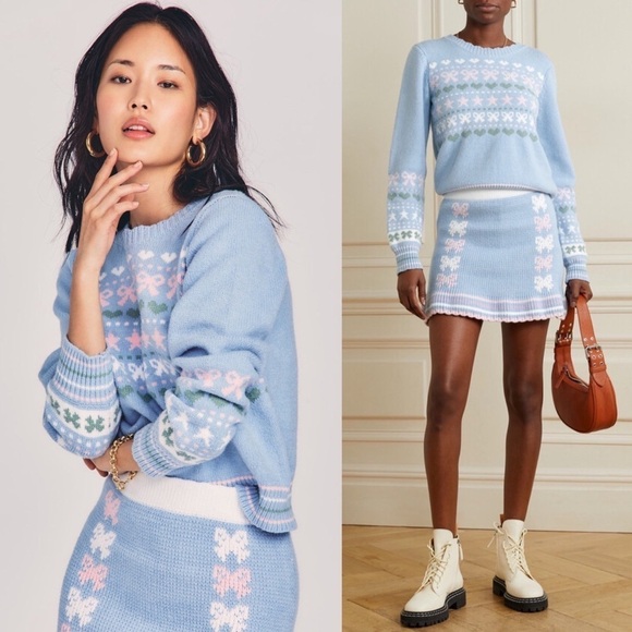 LOVESHACKFANCY 90s Pastel Heart Bow Fair Isle Knit Pullover Cropped Sweater XL - Picture 5 of 16